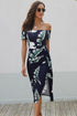 Print Off Shoulder Slit Bodycon Midi Dress